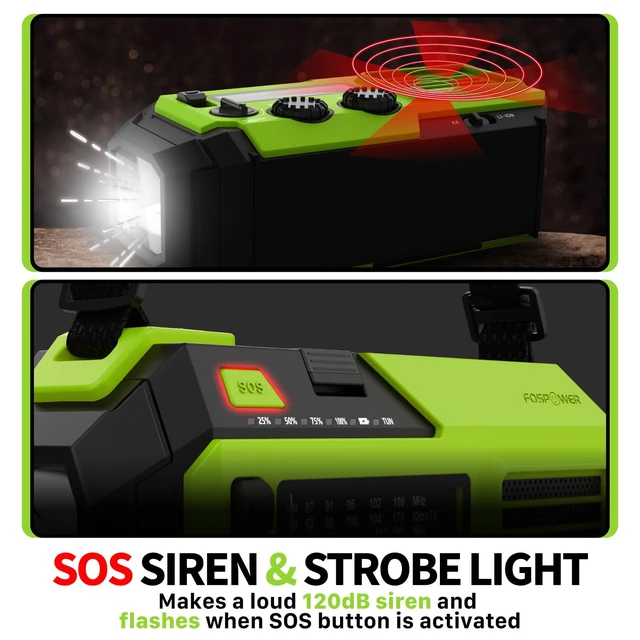 Alt view image 5 of 7 - NOAA Emergency Weather Radio A6 19240mWh Solar Hand Crank (Green) AM/FM/WB power bank 4 power options SOS alarm LED flashlight & 4 LED reading light for outdoor emergency & power outage use