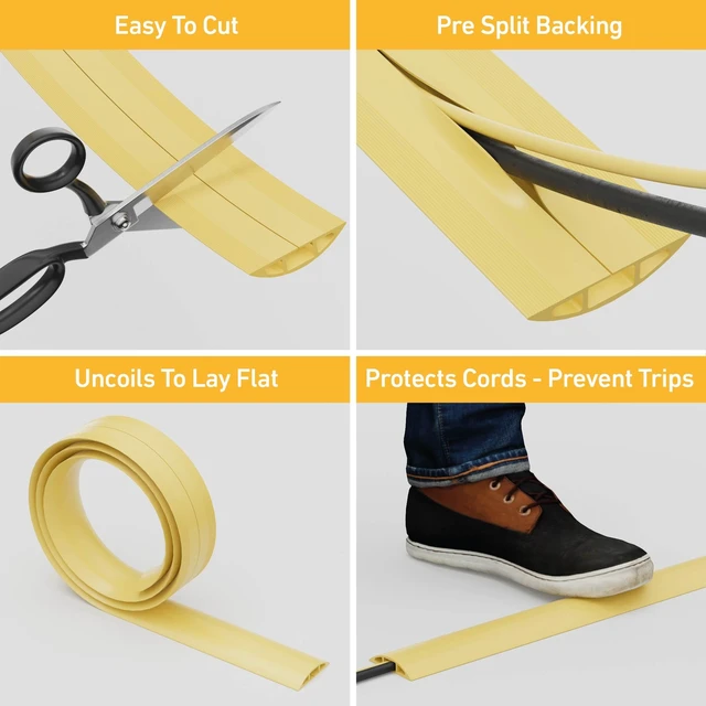 Alt view image 2 of 7 - 6ft Floor Cord Cover, Floor Cable Protector, Extension Cord Cover, Protect Wires & Prevent Cable Trips, Cable Management Solution - Cord Cavity = 0.63" (W) x 0.31" (H) - Safety Yellow