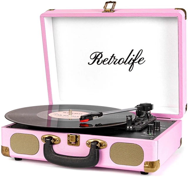 Main image of ® Record Player 3-Speed Bluetooth Portable Turntable-Pink Belt-Driven with Built-in Speakers, Wireless Bluetooth Input, RCA Out AUX In Headphone Jack, Auto-Stop, Gift for Music Lovers