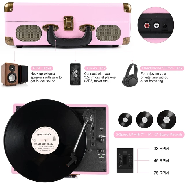 Alt view image 2 of 7 - ® Record Player 3-Speed Bluetooth Portable Turntable-Pink Belt-Driven with Built-in Speakers, Wireless Bluetooth Input, RCA Out AUX In Headphone Jack, Auto-Stop, Gift for Music Lovers