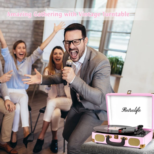 Alt view image 5 of 7 - ® Record Player 3-Speed Bluetooth Portable Turntable-Pink Belt-Driven with Built-in Speakers, Wireless Bluetooth Input, RCA Out AUX In Headphone Jack, Auto-Stop, Gift for Music Lovers