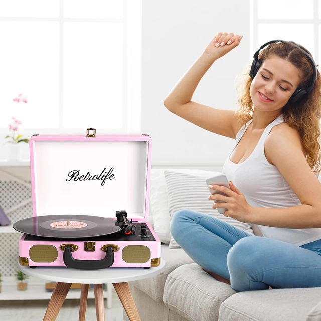 Alt view image 7 of 7 - ® Record Player 3-Speed Bluetooth Portable Turntable-Pink Belt-Driven with Built-in Speakers, Wireless Bluetooth Input, RCA Out AUX In Headphone Jack, Auto-Stop, Gift for Music Lovers