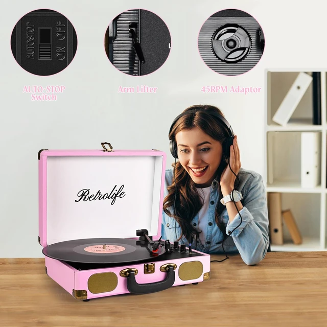 Alt view image 6 of 7 - ® Record Player 3-Speed Bluetooth Portable Turntable-Pink Belt-Driven with Built-in Speakers, Wireless Bluetooth Input, RCA Out AUX In Headphone Jack, Auto-Stop, Gift for Music Lovers