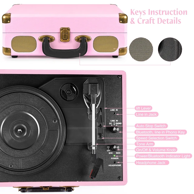 Alt view image 3 of 7 - ® Record Player 3-Speed Bluetooth Portable Turntable-Pink Belt-Driven with Built-in Speakers, Wireless Bluetooth Input, RCA Out AUX In Headphone Jack, Auto-Stop, Gift for Music Lovers