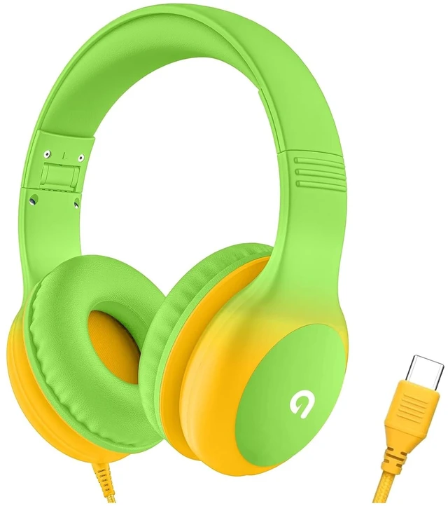 Main image of Wired Kids Headphones with USB C Plug, 85dB Safe Volume, Adjustable Headband, Tangle-Free Cord Headphones for School, Tablet, Travel (Lime Green & Orange, Without Microphone)