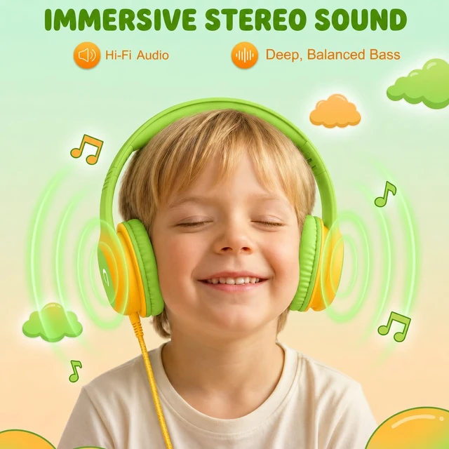 Alt view image 2 of 7 - Wired Kids Headphones with USB C Plug, 85dB Safe Volume, Adjustable Headband, Tangle-Free Cord Headphones for School, Tablet, Travel (Lime Green & Orange, Without Microphone)