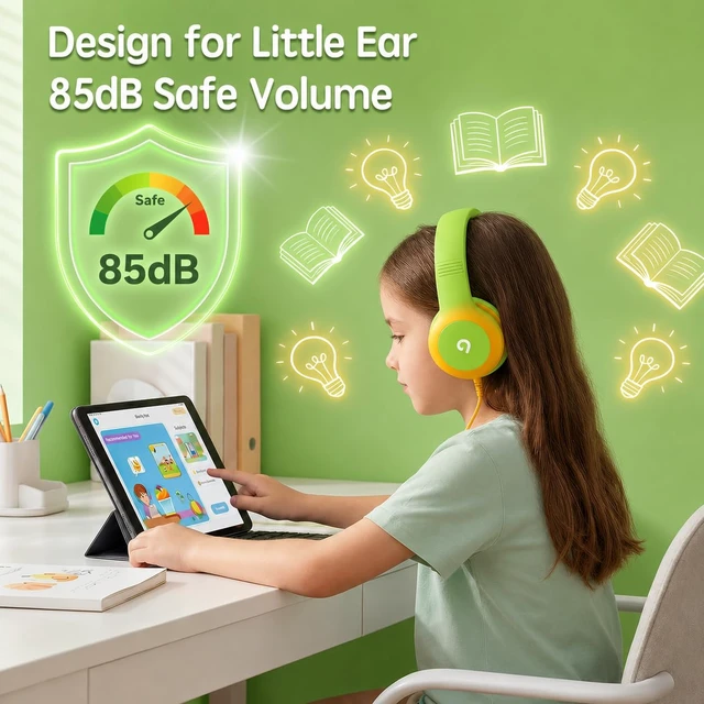Alt view image 3 of 7 - Wired Kids Headphones with USB C Plug, 85dB Safe Volume, Adjustable Headband, Tangle-Free Cord Headphones for School, Tablet, Travel (Lime Green & Orange, Without Microphone)