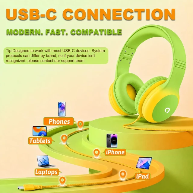 Alt view image 4 of 7 - Wired Kids Headphones with USB C Plug, 85dB Safe Volume, Adjustable Headband, Tangle-Free Cord Headphones for School, Tablet, Travel (Lime Green & Orange, Without Microphone)