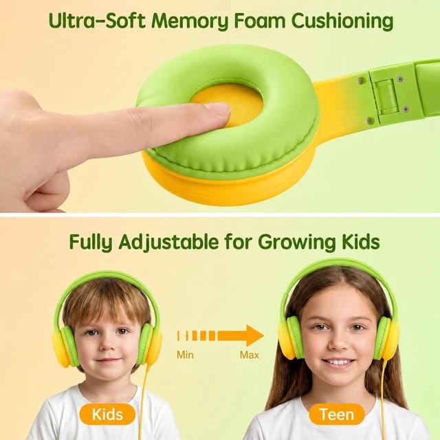 Alt view image 5 of 7 - Wired Kids Headphones with USB C Plug, 85dB Safe Volume, Adjustable Headband, Tangle-Free Cord Headphones for School, Tablet, Travel (Lime Green & Orange, Without Microphone)