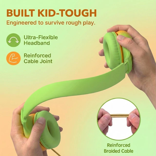 Alt view image 6 of 7 - Wired Kids Headphones with USB C Plug, 85dB Safe Volume, Adjustable Headband, Tangle-Free Cord Headphones for School, Tablet, Travel (Lime Green & Orange, Without Microphone)