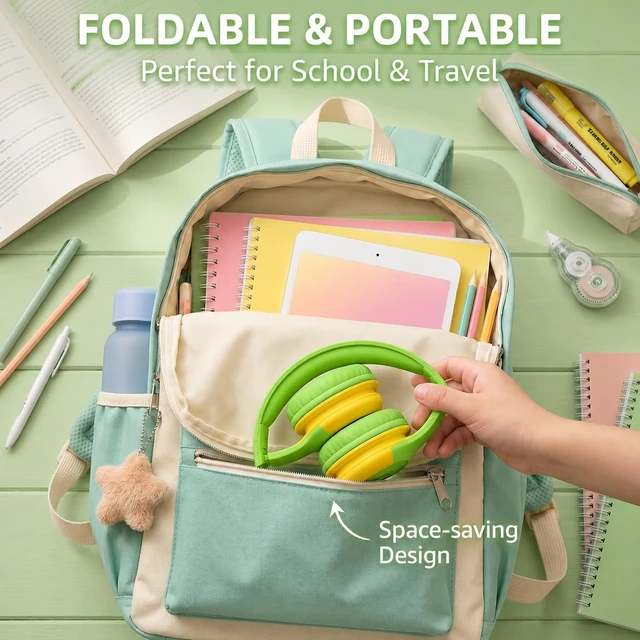 Alt view image 7 of 7 - Wired Kids Headphones with USB C Plug, 85dB Safe Volume, Adjustable Headband, Tangle-Free Cord Headphones for School, Tablet, Travel (Lime Green & Orange, Without Microphone)