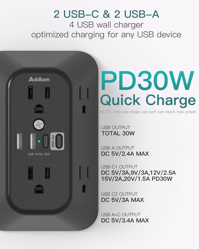 Alt view image 4 of 7 - 6-Outlet Extender Surge Protector, Multi Plug Wall Outlet with 4 USB Wall Charger(PD 30W), Plug Extension Outlet with 1800J, Outlet Splitter Power Strip for Home Office, Black
