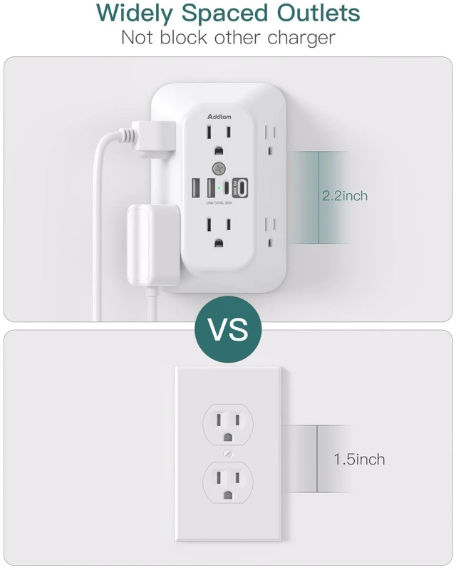 Alt view image 6 of 7 - 6-Outlet Extender Surge Protector, Multi Plug Wall Outlet with 4 USB Wall Charger(PD 30W), Plug Extension Outlet with 1800J, Outlet Splitter Power Strip for Home Office, White