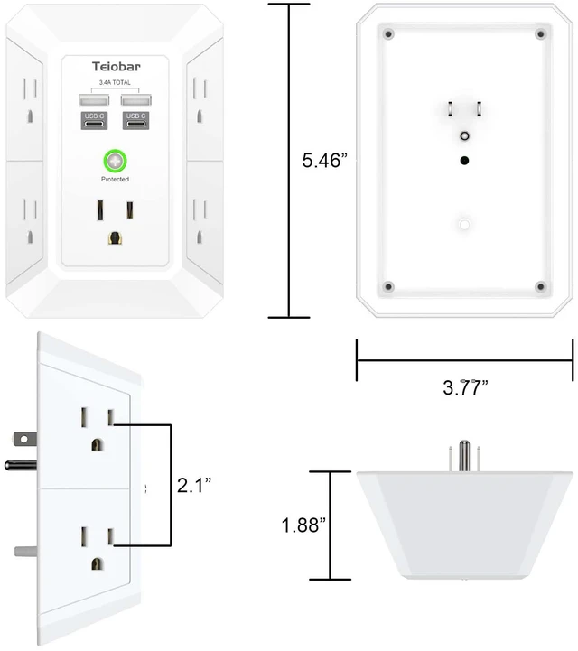 Alt view image 7 of 7 - Wall Charger, Surge Protector, 5 Outlets and 4 USB Ports(2USB-C) 1680 Joules, 3-Sided Power Strip, Multi Plug Wall Outlet Adapter Spaced for Home Travel Office, White