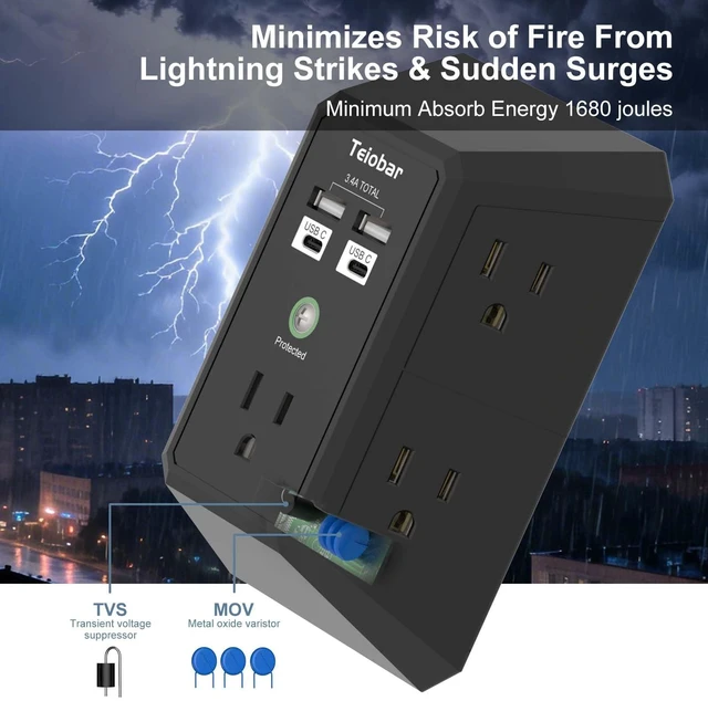 Alt view image 5 of 7 - Wall Charger, Surge Protector, 5 Outlets and 4 USB Ports(2USB-C) 1680 Joules, 3-Sided Power Strip, Multi Plug Wall Outlet Adapter Spaced for Home Travel Office, Black