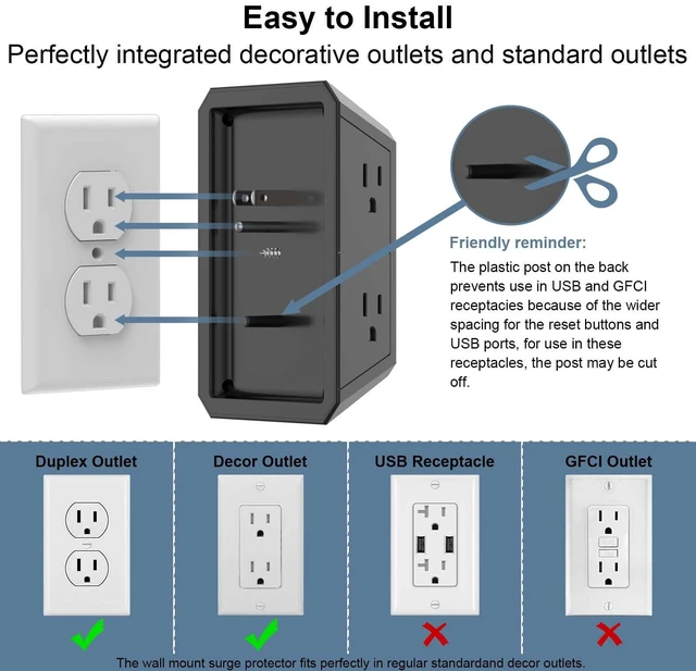Alt view image 6 of 7 - Wall Charger, Surge Protector, 5 Outlets and 4 USB Ports(2USB-C) 1680 Joules, 3-Sided Power Strip, Multi Plug Wall Outlet Adapter Spaced for Home Travel Office, Black