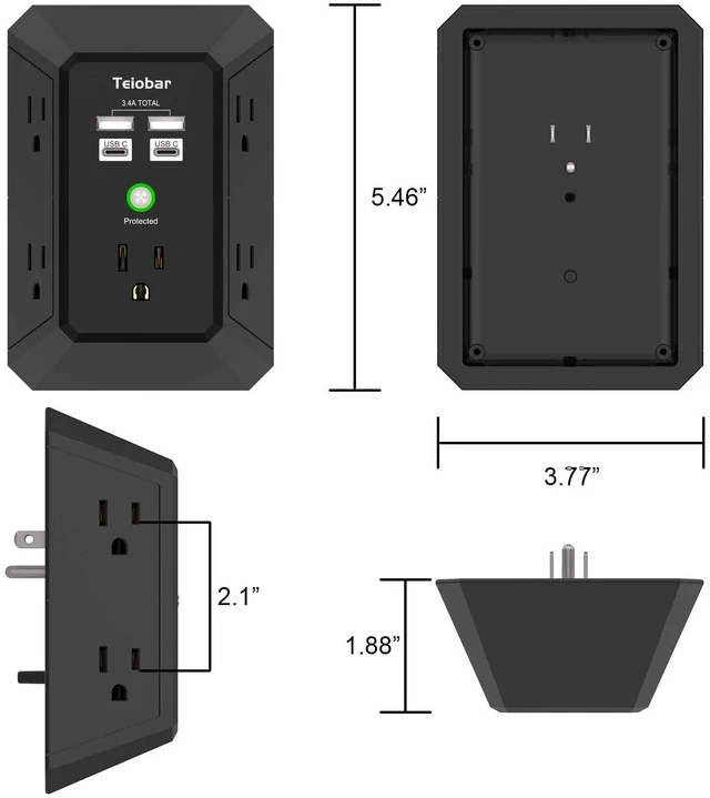 Alt view image 7 of 7 - Wall Charger, Surge Protector, 5 Outlets and 4 USB Ports(2USB-C) 1680 Joules, 3-Sided Power Strip, Multi Plug Wall Outlet Adapter Spaced for Home Travel Office, Black