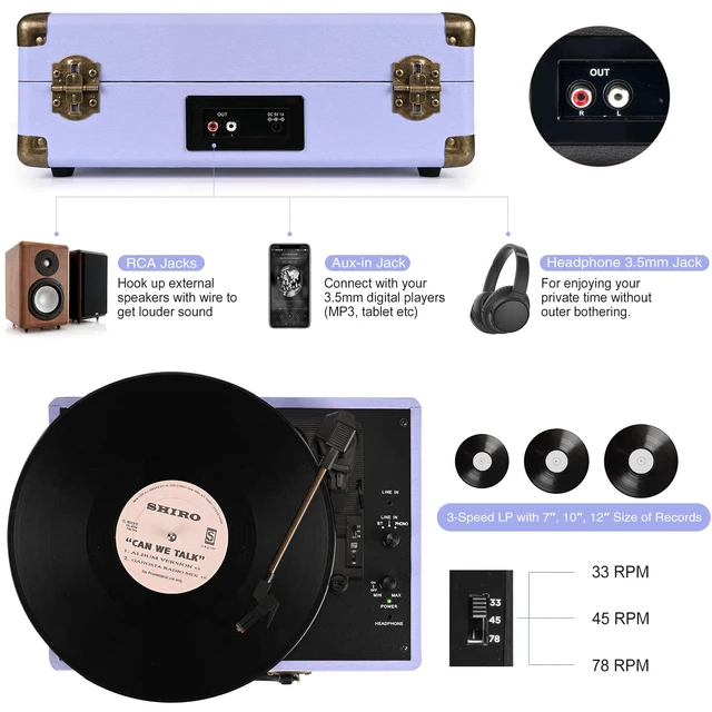 Alt view image 4 of 7 - ® Record Player 3-Speed Bluetooth Portable Turntable-Purple Belt-Driven with Built-in Speakers, Wireless Bluetooth Input, RCA Out AUX In Headphone Jack, Auto-Stop, Gift for Music Lovers