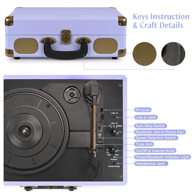Alt view image 3 of 7 - ® Record Player 3-Speed Bluetooth Portable Turntable-Purple Belt-Driven with Built-in Speakers, Wireless Bluetooth Input, RCA Out AUX In Headphone Jack, Auto-Stop, Gift for Music Lovers