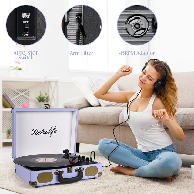 Alt view image 5 of 7 - ® Record Player 3-Speed Bluetooth Portable Turntable-Purple Belt-Driven with Built-in Speakers, Wireless Bluetooth Input, RCA Out AUX In Headphone Jack, Auto-Stop, Gift for Music Lovers