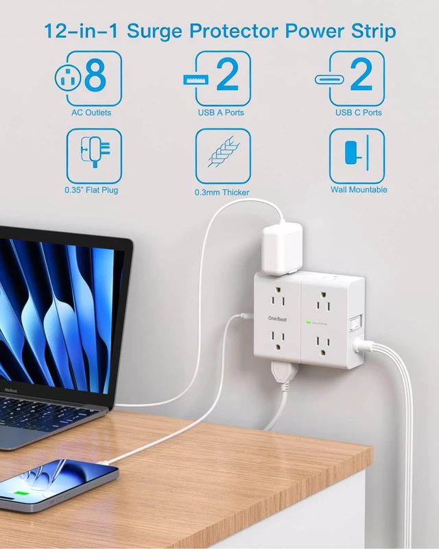 Alt view image 2 of 7 - Surge Protector Power Strip, 6 Ft Ultra Thin Flat Extension Cord Extension Cord with 8 Outlets 4 USB Ports(2 USB C), Flat Plug Power Strip for Home Office College Dorm Room Desk Essentials
