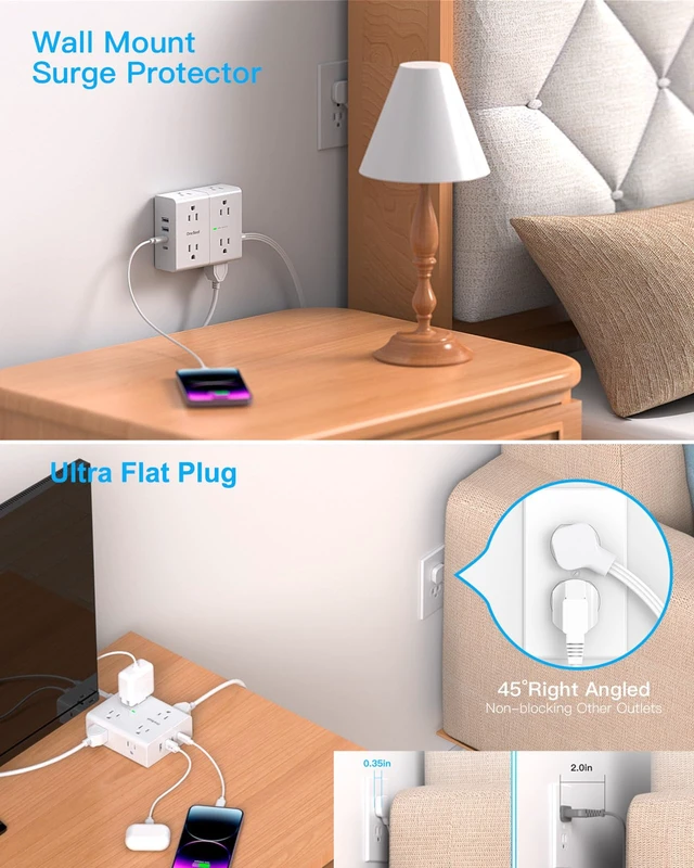 Alt view image 3 of 7 - Surge Protector Power Strip, 6 Ft Ultra Thin Flat Extension Cord Extension Cord with 8 Outlets 4 USB Ports(2 USB C), Flat Plug Power Strip for Home Office College Dorm Room Desk Essentials