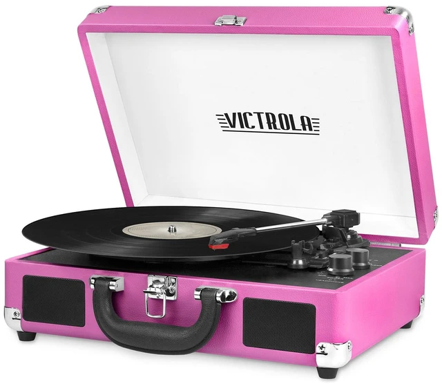 Main image of Journey - Bluetooth Suitcase Record Player - Pink Built-in stereo speakers, 3-speed turntable plays 7", 10" and 12" records, Bluetooth streaming, headphone jack