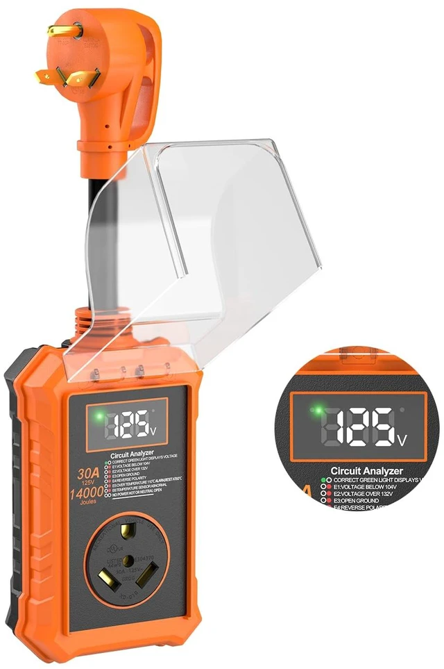 Main image of 30 Amp RV Surge Protector with Smart LED Display for Camper 14000J Circuit Analyzer, Waterproof, Auto Shutoff & Reset for High and Low Voltage, Fits Travel Trailers