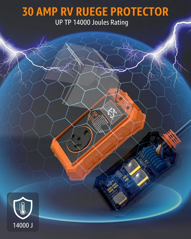 Alt view image 2 of 7 - 30 Amp RV Surge Protector with Smart LED Display for Camper 14000J Circuit Analyzer, Waterproof, Auto Shutoff & Reset for High and Low Voltage, Fits Travel Trailers