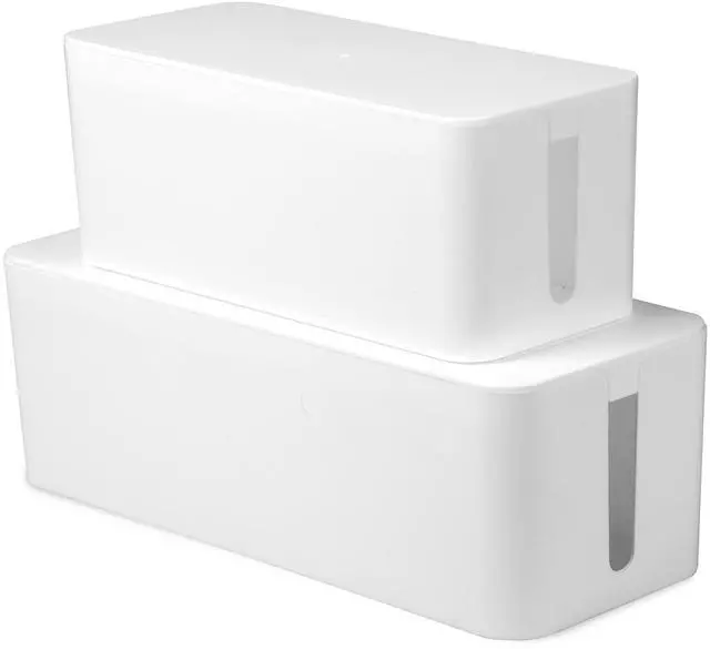 Main image of Cable Management Box, 2 Pack - White, Hook & Loop Keepers | Cord Organizer & Cable Hider, For Wires, Power Strips & Surge Protectors, Includes Cable Sleeve, Zip Ties & Clips