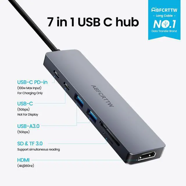 Alt view image 3 of 6 - 31.5'' USB C Hub Multiport Adapter HDMI 4K for MacBook Neo, iPad | 7 in 1 USB C Docking Station with HDMI 4K@60Hz, 100W PD Fast Charging, 3 USB 3.0 Data Port, SD/TF Card Reader for Laptop, PC