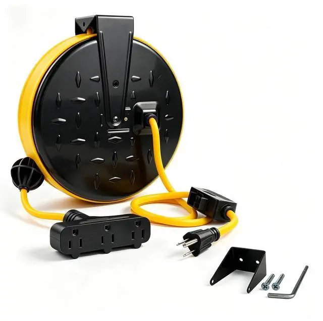 Main image of 16/3 Gauge Retractable Extension Cord Reel 30 FT, 3 Outlets | Retractable Power Cord, 10A Circuit Breaker, Wall or Ceiling Mountable for Garage, Workshop, UL Listed, Yellow