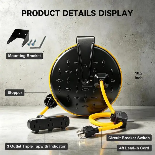 Alt view image 2 of 6 - 16/3 Gauge Retractable Extension Cord Reel 30 FT, 3 Outlets | Retractable Power Cord, 10A Circuit Breaker, Wall or Ceiling Mountable for Garage, Workshop, UL Listed, Yellow