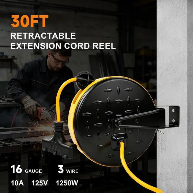 Alt view image 3 of 6 - 16/3 Gauge Retractable Extension Cord Reel 30 FT, 3 Outlets | Retractable Power Cord, 10A Circuit Breaker, Wall or Ceiling Mountable for Garage, Workshop, UL Listed, Yellow