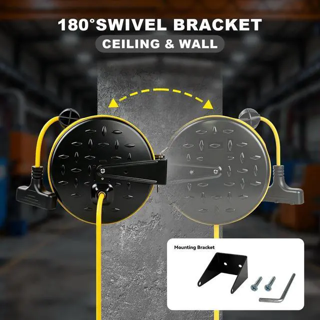 Alt view image 6 of 6 - 16/3 Gauge Retractable Extension Cord Reel 30 FT, 3 Outlets | Retractable Power Cord, 10A Circuit Breaker, Wall or Ceiling Mountable for Garage, Workshop, UL Listed, Yellow