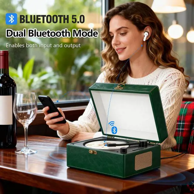 Alt view image 2 of 6 - Retro CD Player with Bluetooth in/Out Portable CD Player with Built-in Rechargeable Battery,Auto Power Off,USB,AUX,Headphone Jack,Vintage Music Player for Women/Men-Green