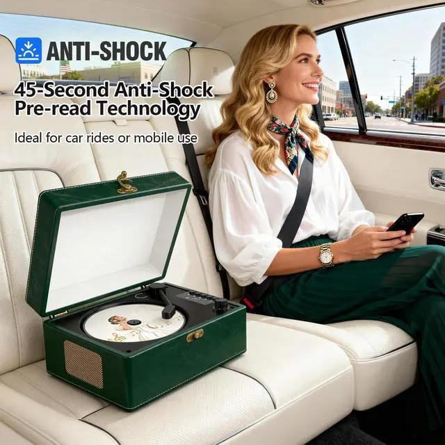 Alt view image 3 of 6 - Retro CD Player with Bluetooth in/Out Portable CD Player with Built-in Rechargeable Battery,Auto Power Off,USB,AUX,Headphone Jack,Vintage Music Player for Women/Men-Green