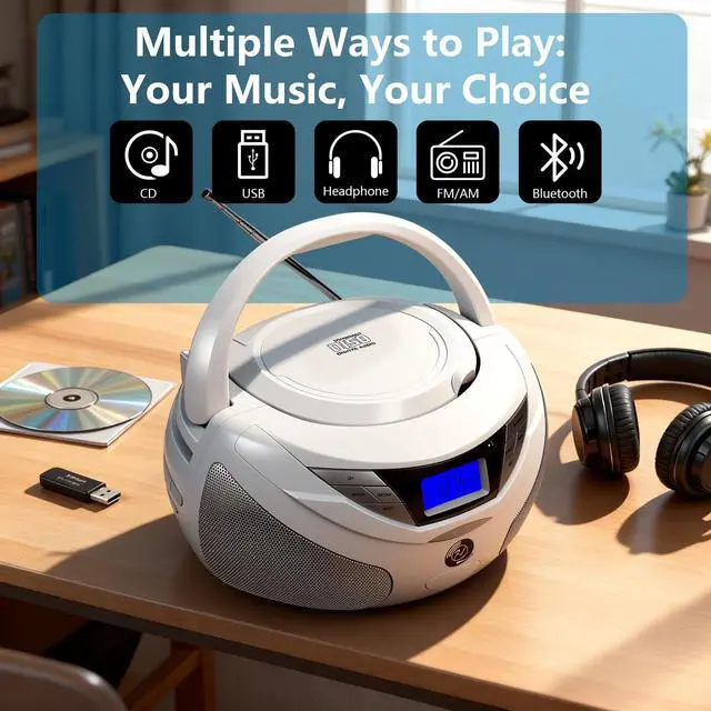 Alt view image 2 of 6 - Portable CD Player Boombox with Bluetooth, FM Radio, USB Playback, Built-in Rechargeable Battery, Remote Control, Stereo Sound (White)