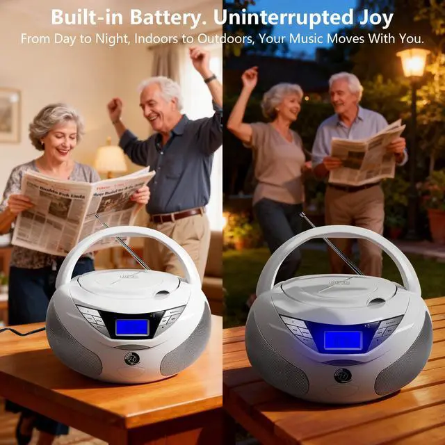 Alt view image 3 of 6 - Portable CD Player Boombox with Bluetooth, FM Radio, USB Playback, Built-in Rechargeable Battery, Remote Control, Stereo Sound (White)