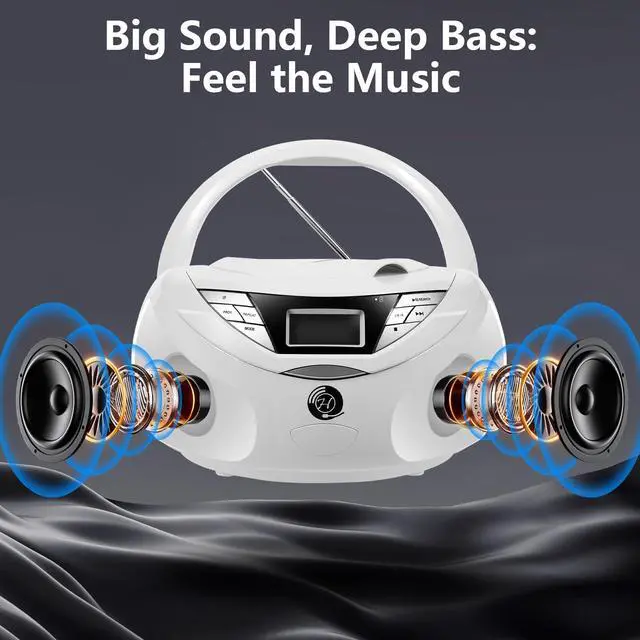 Alt view image 4 of 6 - Portable CD Player Boombox with Bluetooth, FM Radio, USB Playback, Built-in Rechargeable Battery, Remote Control, Stereo Sound (White)