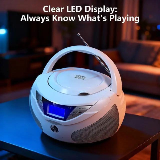 Alt view image 6 of 6 - Portable CD Player Boombox with Bluetooth, FM Radio, USB Playback, Built-in Rechargeable Battery, Remote Control, Stereo Sound (White)
