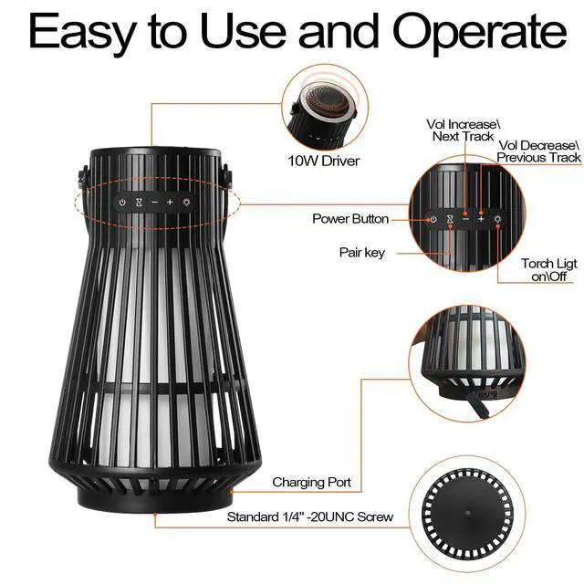 Alt view image 2 of 6 - Bluetooth Lantern Speaker 2-Pack 10W IPX5 Waterproof for Patio Yard | flickering LED flame lighting, multi sync audio, 18h battery playtime, USB-C rechargeable, includes ground stakes & hooks