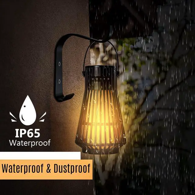 Alt view image 6 of 6 - Bluetooth Lantern Speaker 2-Pack 10W IPX5 Waterproof for Patio Yard | flickering LED flame lighting, multi sync audio, 18h battery playtime, USB-C rechargeable, includes ground stakes & hooks