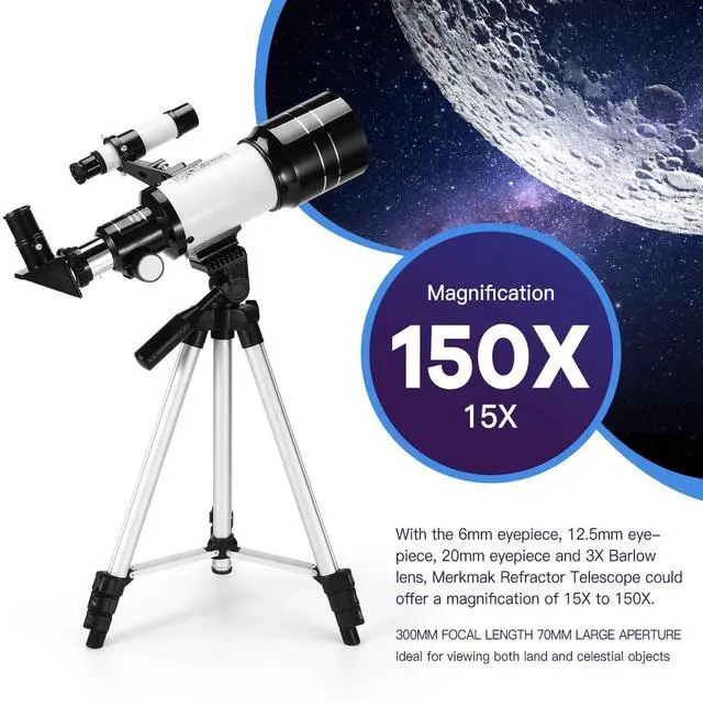 Alt view image 2 of 6 - Telescope for Kids & Adults, 70mm Aperture 300mm Telescopes for Astronomy Beginners, 15X-150X Magnification Portable Refractor Telescope with Adjustable Tripod, Phone Adapter