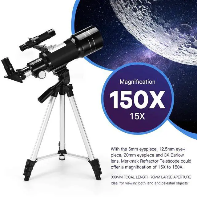 Alt view image 2 of 6 - Telescope for Kids & Adults, 70mm Aperture 300mm Telescopes for Astronomy Beginners, 15X-150X Magnification Portable Refractor Telescope with Adjustable Tripod, Phone Adapter