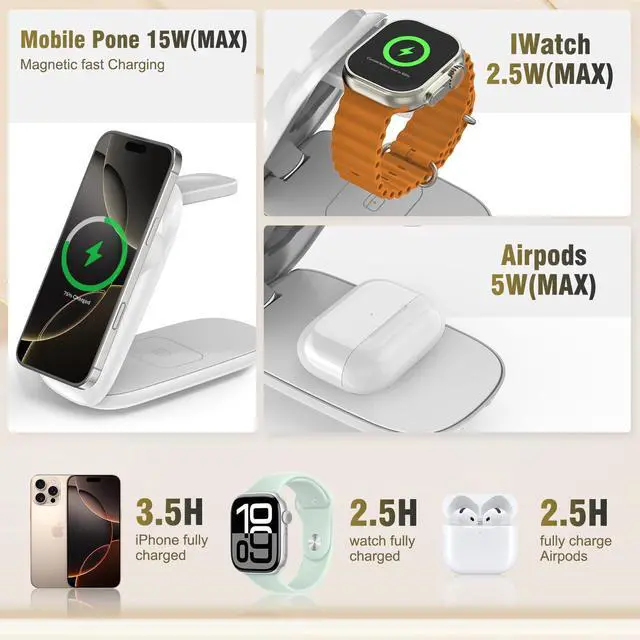 Alt view image 3 of 6 - 2026 new Portable Wireless Charger, Fast Max Charging for iPhone 17/16/15/14/13/12 Pro Max, 3 in 1 Charging Station for Apple Watch 10-3 & AirPods Pro/4/3(White