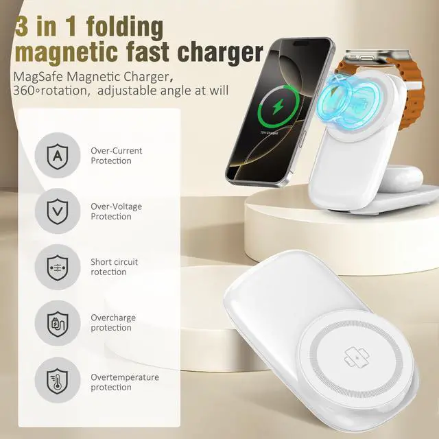 Alt view image 4 of 6 - 2026 new Portable Wireless Charger, Fast Max Charging for iPhone 17/16/15/14/13/12 Pro Max, 3 in 1 Charging Station for Apple Watch 10-3 & AirPods Pro/4/3(White