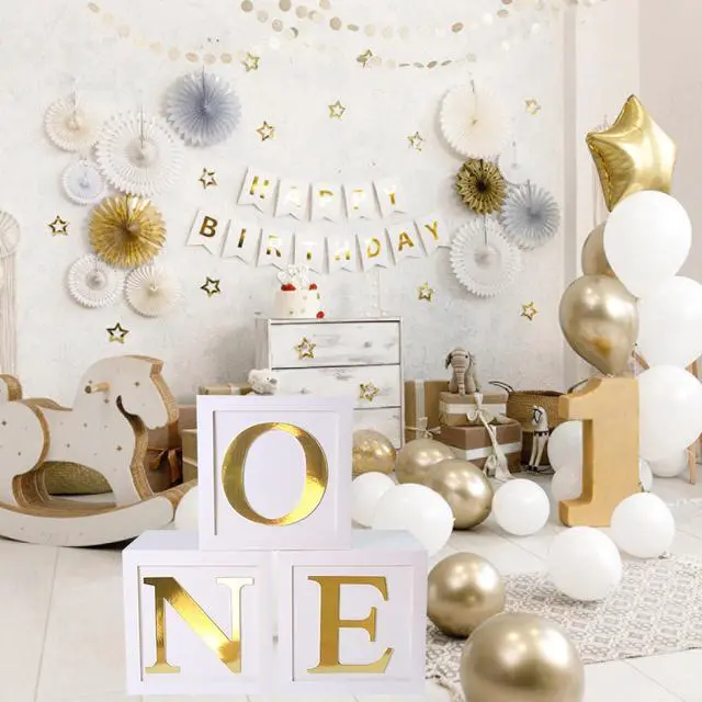 Alt view image 2 of 6 - One Balloon Boxes for 1st Birthday, Baby Girl First Birthday Decorations, 1st Party Supplies Boy, 1 Year Anniversary Decorations Photoshoot Props Backdrop. (White Gold)