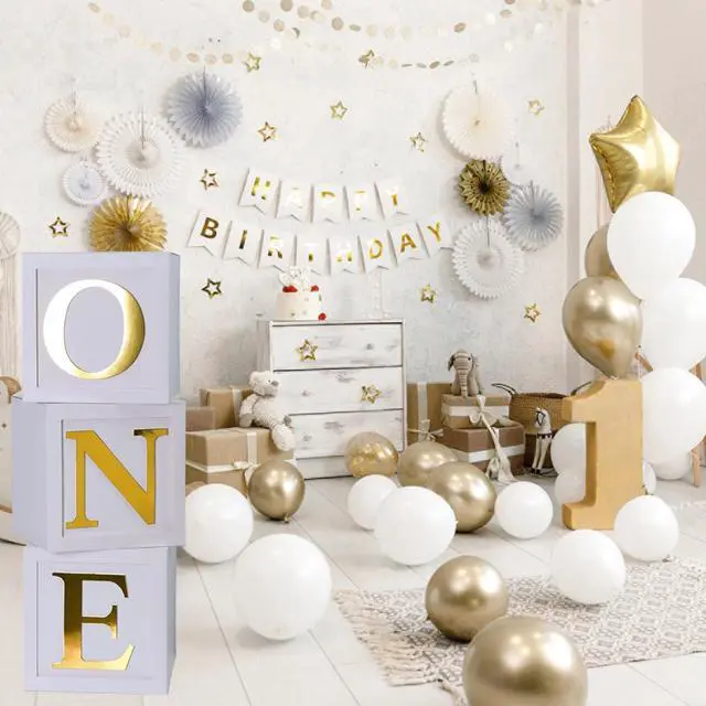 Alt view image 3 of 6 - One Balloon Boxes for 1st Birthday, Baby Girl First Birthday Decorations, 1st Party Supplies Boy, 1 Year Anniversary Decorations Photoshoot Props Backdrop. (White Gold)