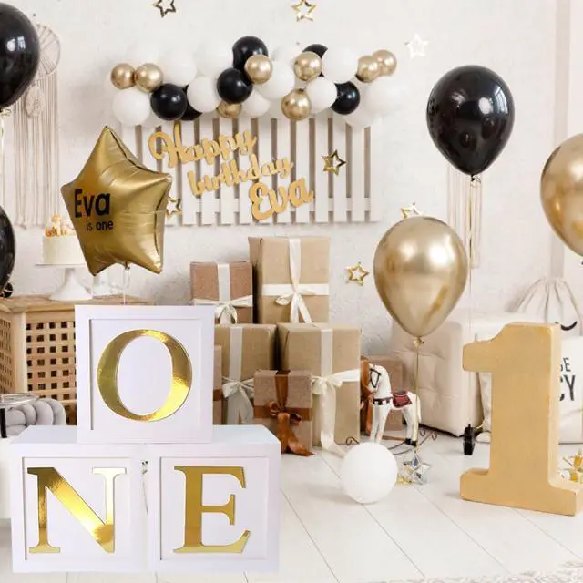 Alt view image 4 of 6 - One Balloon Boxes for 1st Birthday, Baby Girl First Birthday Decorations, 1st Party Supplies Boy, 1 Year Anniversary Decorations Photoshoot Props Backdrop. (White Gold)